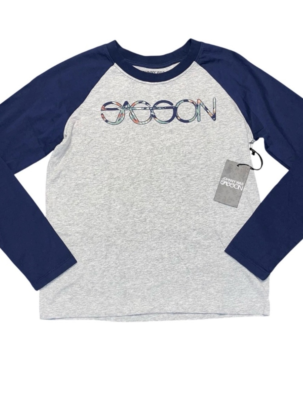 Johnny Was Sasson Gray Navy Blue Long Sleeve Baseball Tee Shirt XS Women